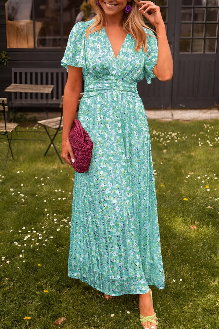 Robe Longue Fleurie à Col V et Taille Smockée