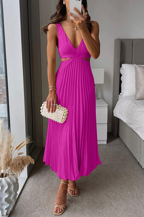 Robe Longue Plissée à Bretelles et Décolleté Croisé