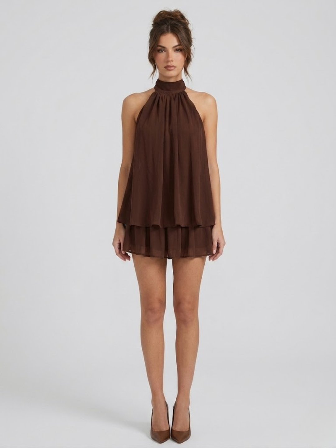 Robe Courte à Col Halter Superposé Femme