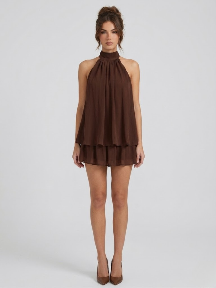 Robe Courte à Col Halter Superposé Femme