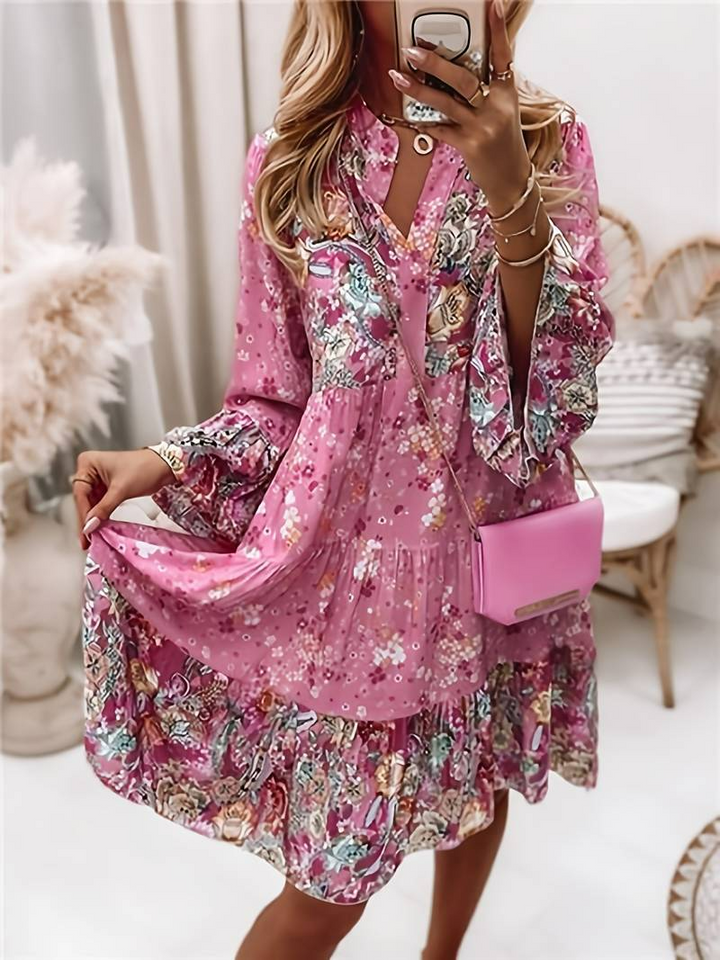 Robe Courte Fleurie à Volants et Col V