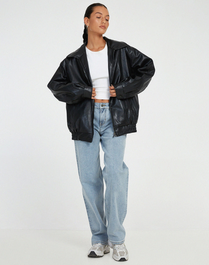 Veste Oversize Effet Cuir à Fermeture Zippée