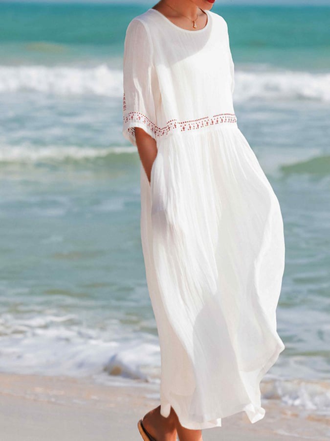 Robe Longue Fluide à Manches Courtes Femme