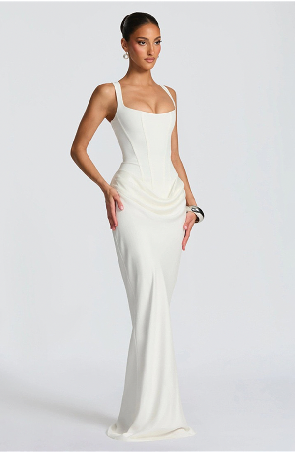 Robe Longue Drapée à Bretelles Femme