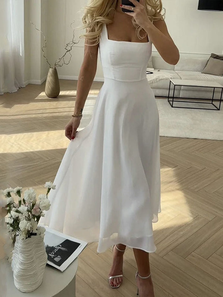 Robe Midi Évasée à Bretelles Fines