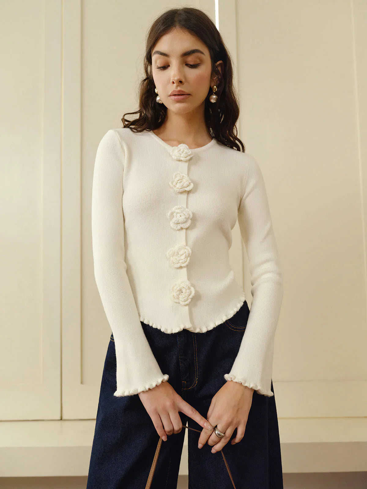 Cardigan Femme en Maille à Fleurs