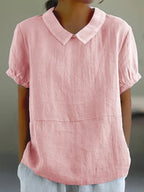 Blouse Unie à Col Replié et Manches Courtes