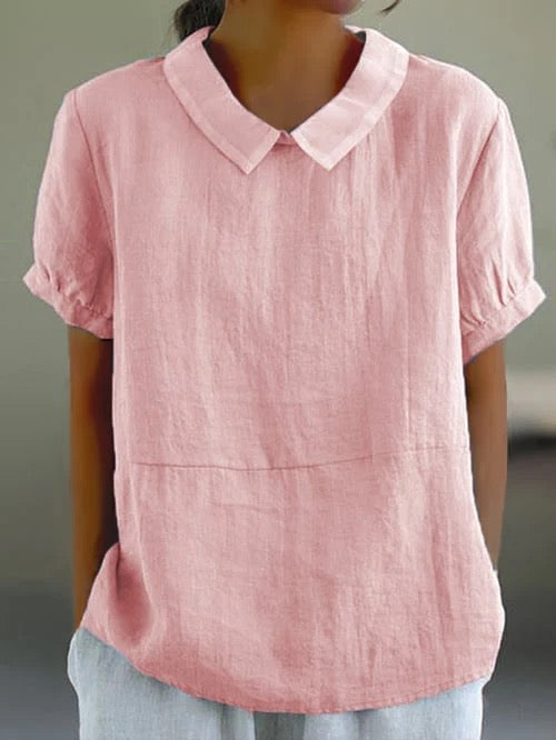 Blouse Unie à Col Replié et Manches Courtes
