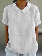 Blouse Unie à Col Replié et Manches Courtes