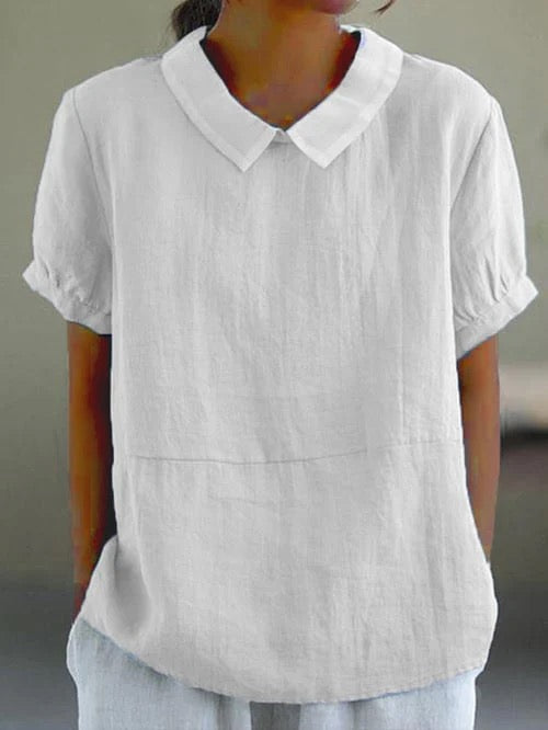 Blouse Unie à Col Replié et Manches Courtes