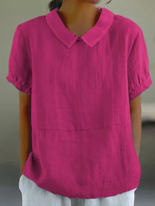 Blouse Unie à Col Replié et Manches Courtes