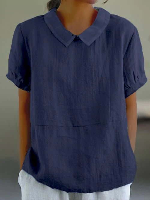 Blouse Unie à Col Replié et Manches Courtes