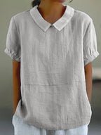 Blouse Unie à Col Replié et Manches Courtes