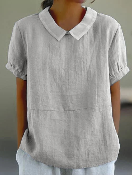 Blouse Unie à Col Replié et Manches Courtes
