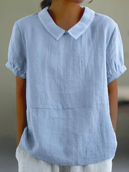 Blouse Unie à Col Replié et Manches Courtes