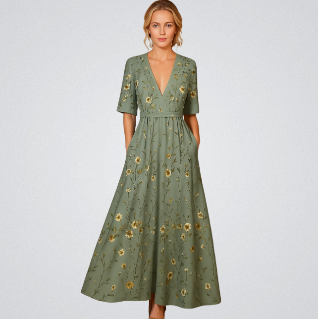 Robe Longue Fleurie Portefeuille à Col V