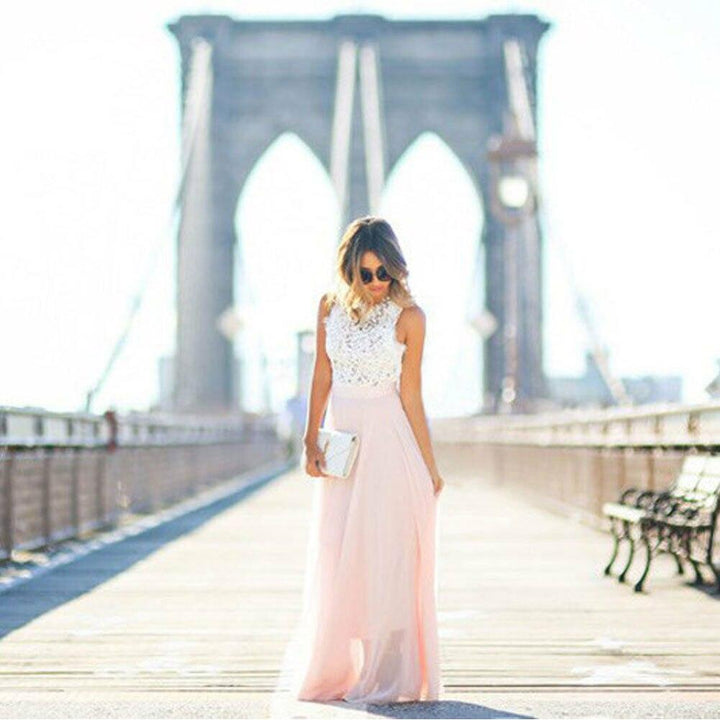 Robe Longue en Mousseline avec Haut en Dentelle Femme