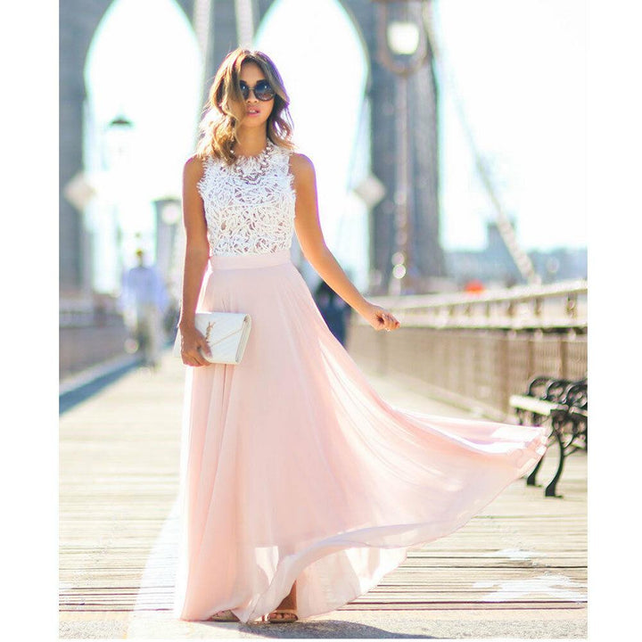 Robe Longue en Mousseline avec Haut en Dentelle Femme