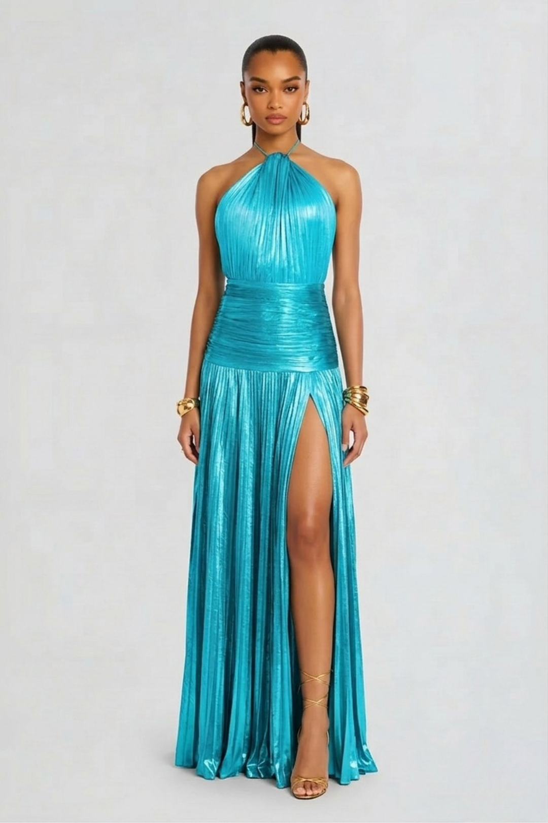 Robe Longue Plissée à Col Halter Femme