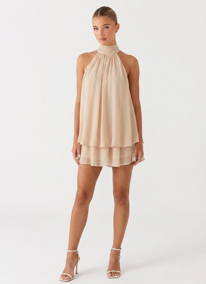 Robe Courte à Col Halter Superposé Femme