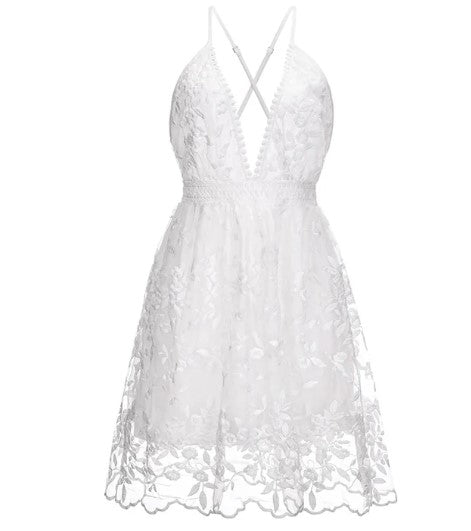 Robe Courte en Dentelle Florale à Décolleté Plongeant