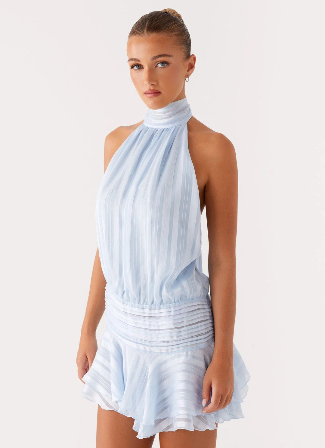 Robe Courte Plissée à Col Halter Femme