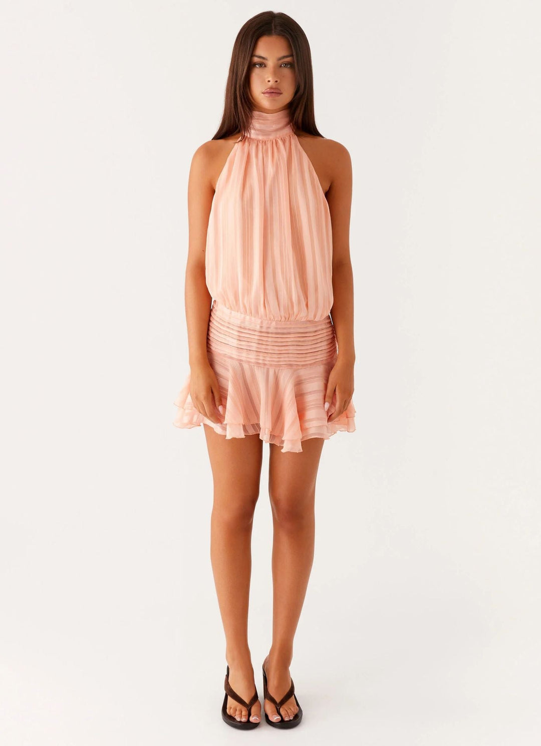Robe Courte Plissée à Col Halter Femme
