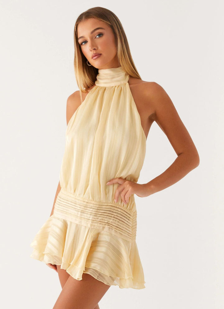 Robe Courte Plissée à Col Halter Femme