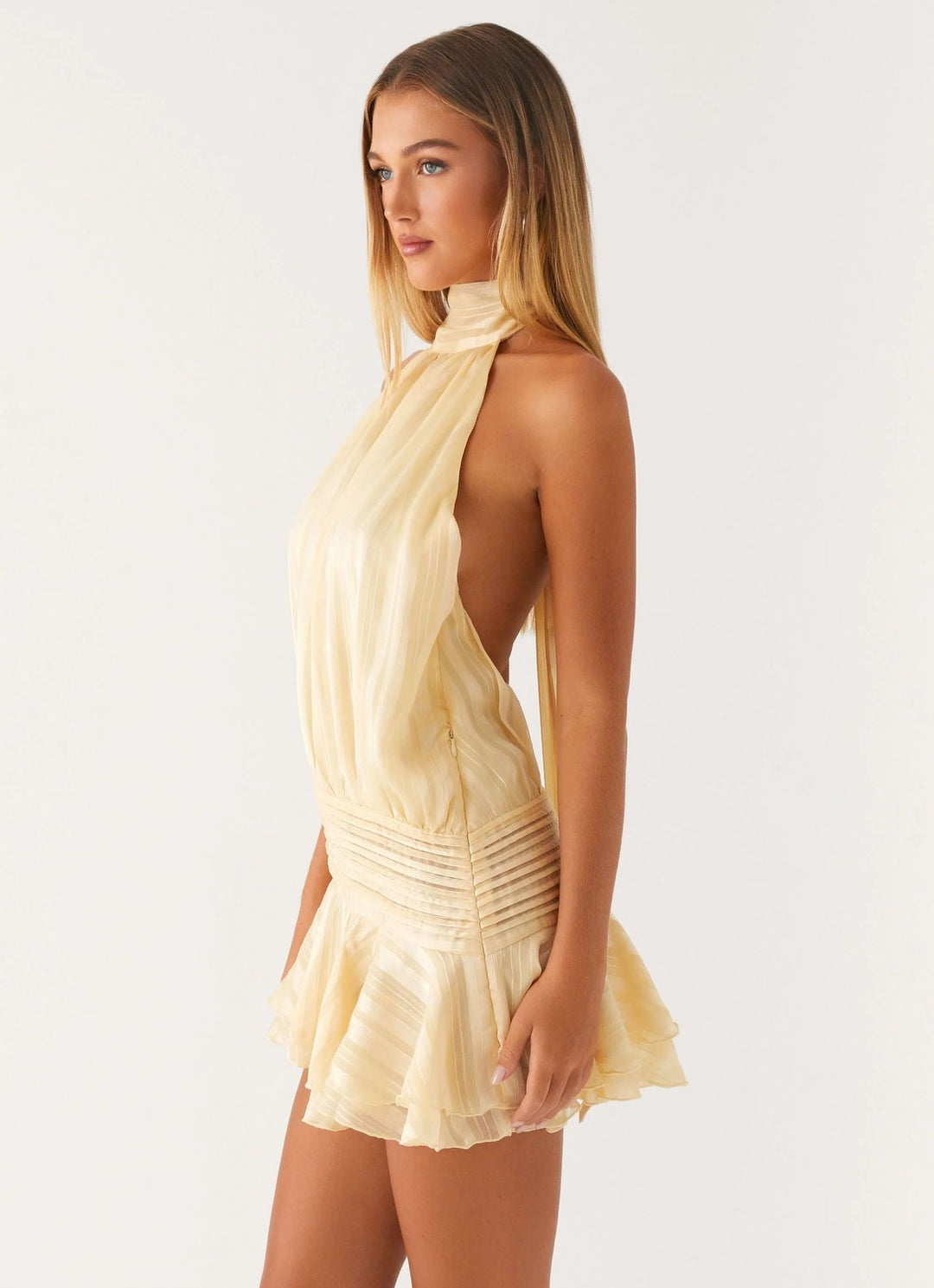 Robe Courte Plissée à Col Halter Femme