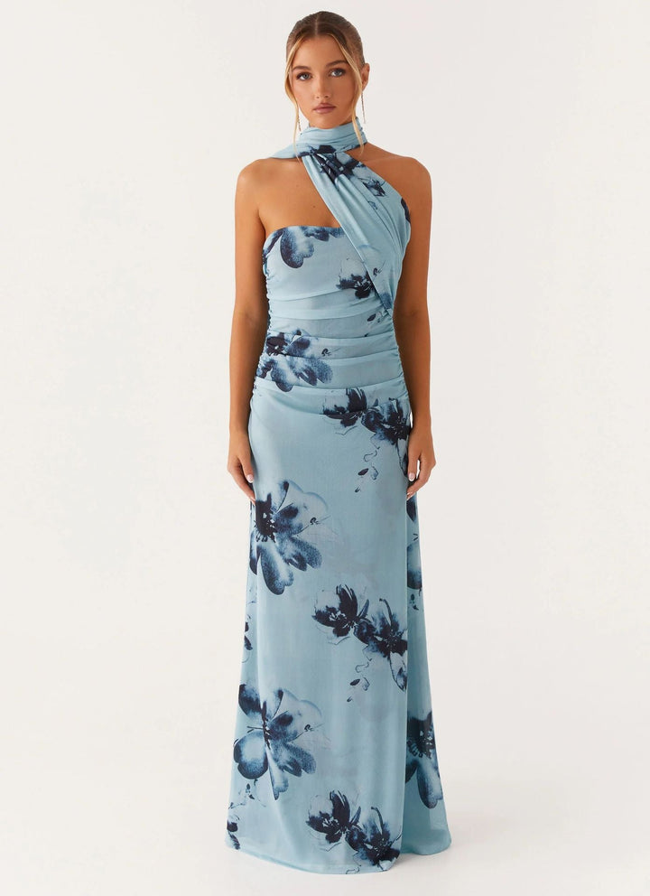 Robe Longue Asymétrique à Col Montant Femme