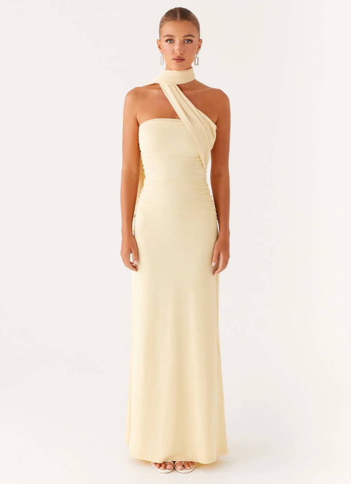 Robe Longue Asymétrique à Col Montant Femme
