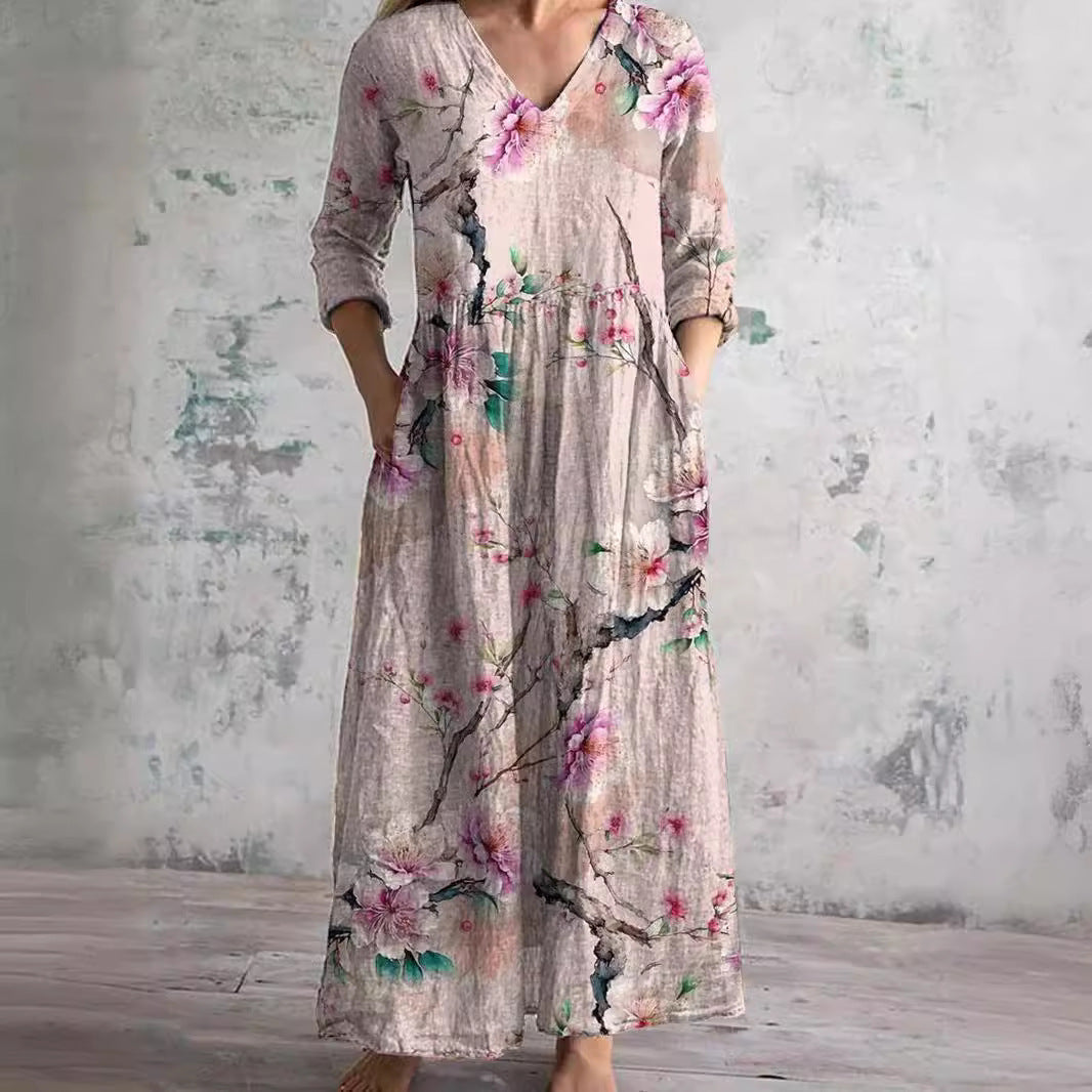 Robe Longue Fleurie à Col V Femme