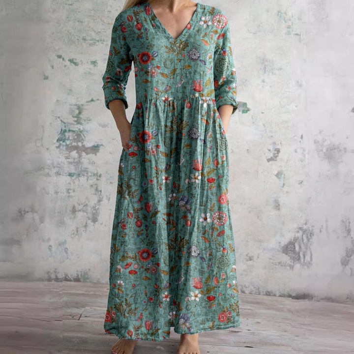 Robe Longue Fleurie à Col V Femme