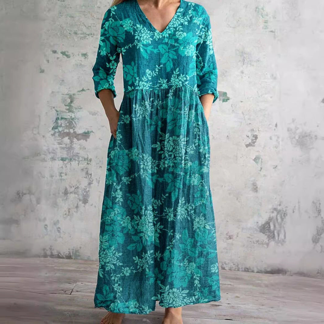 Robe Longue Fleurie à Col V Femme