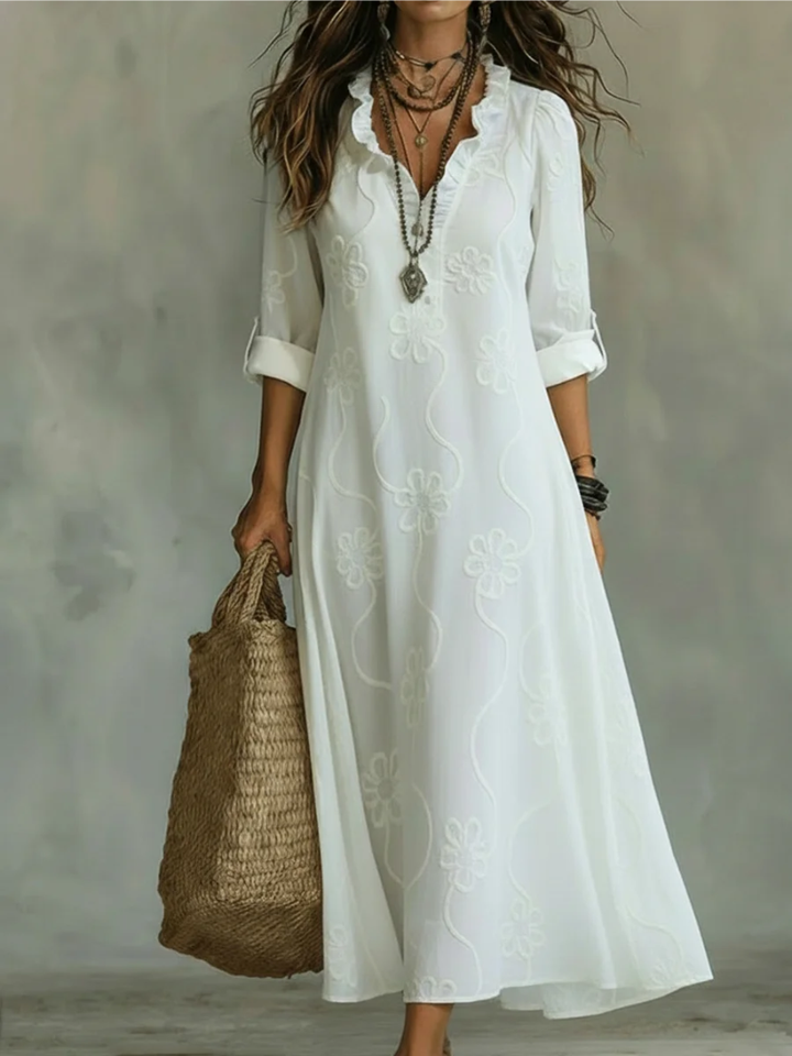 Robe Longue Brodée à Col V Femme