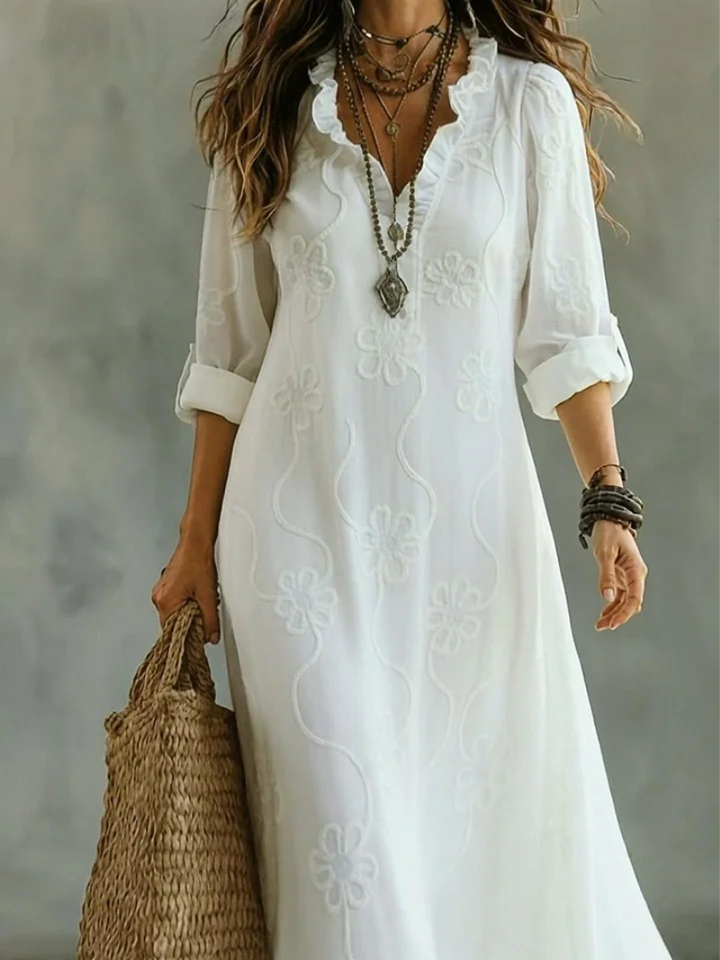 Robe Longue Brodée à Col V Femme