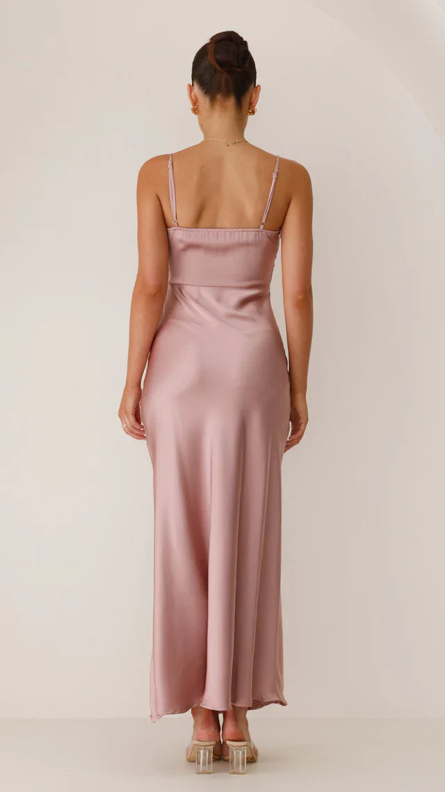 Robe Longue Satinée à Fente Latérale et Bretelles Fines