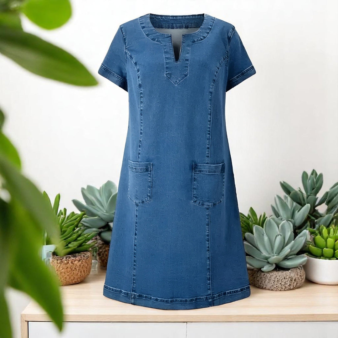 Robe Courte en Denim à Col Fendu et Poches Plaquées