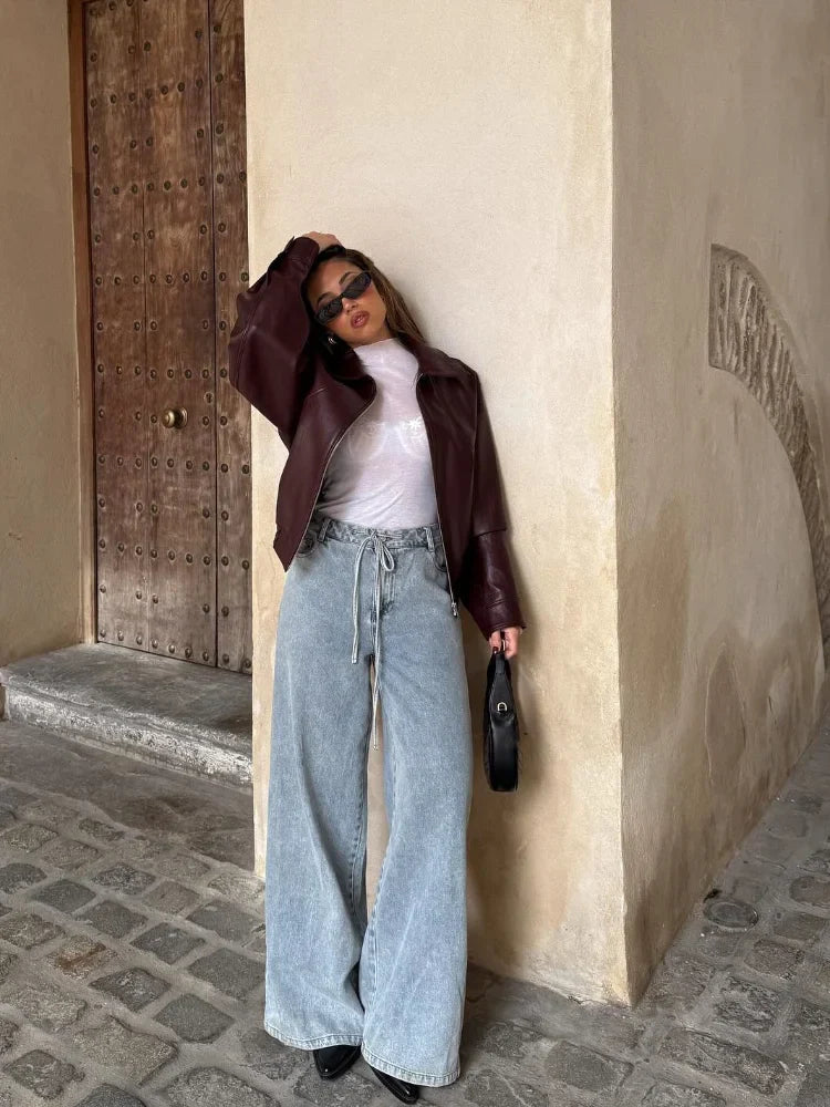 Blouson Effet Cuir Oversize à Fermeture Zippée
