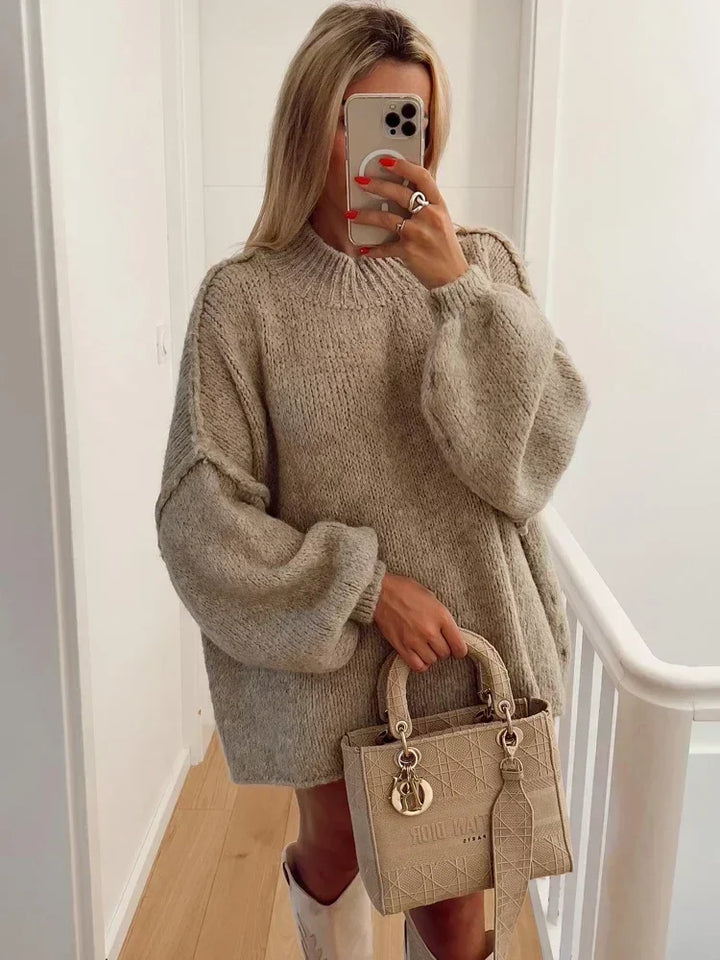 Pull Oversize à Col Montant et Manches Bouffantes