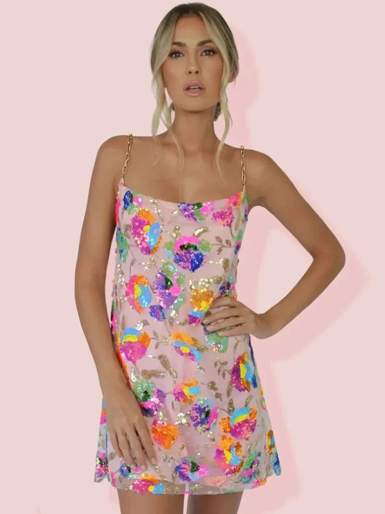 Robe Courte Fleurie à Bretelles Chaîne et Dos Nu