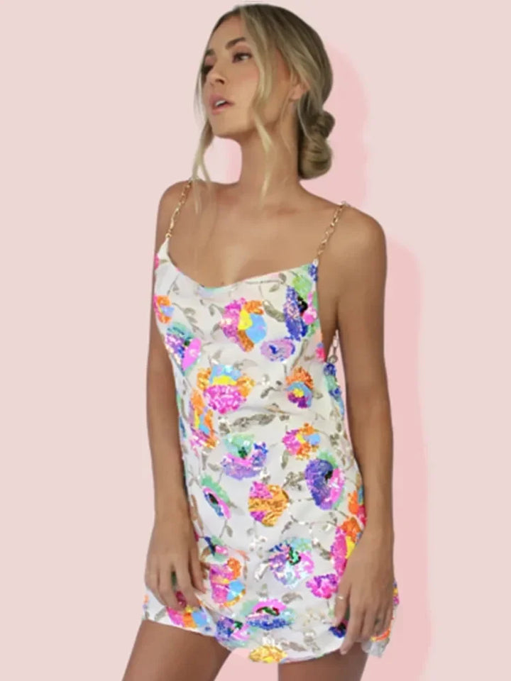 Robe Courte Fleurie à Bretelles Chaîne et Dos Nu