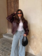 Blouson Effet Cuir Oversize à Fermeture Zippée