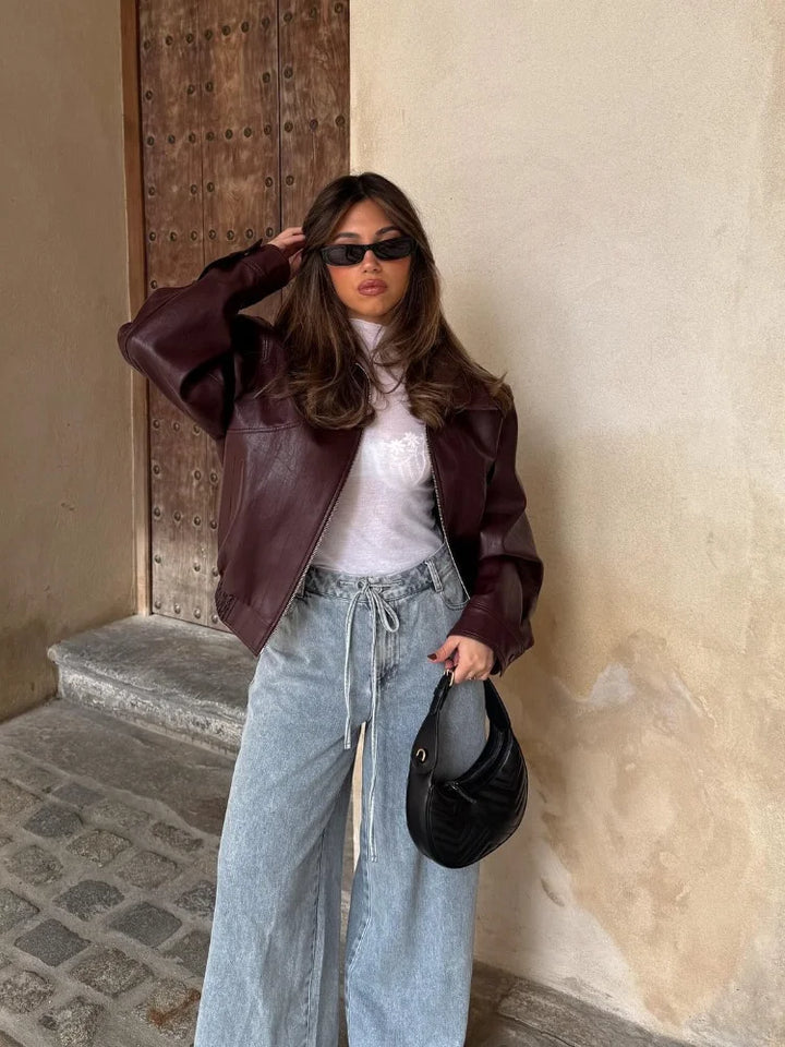 Blouson Effet Cuir Oversize à Fermeture Zippée