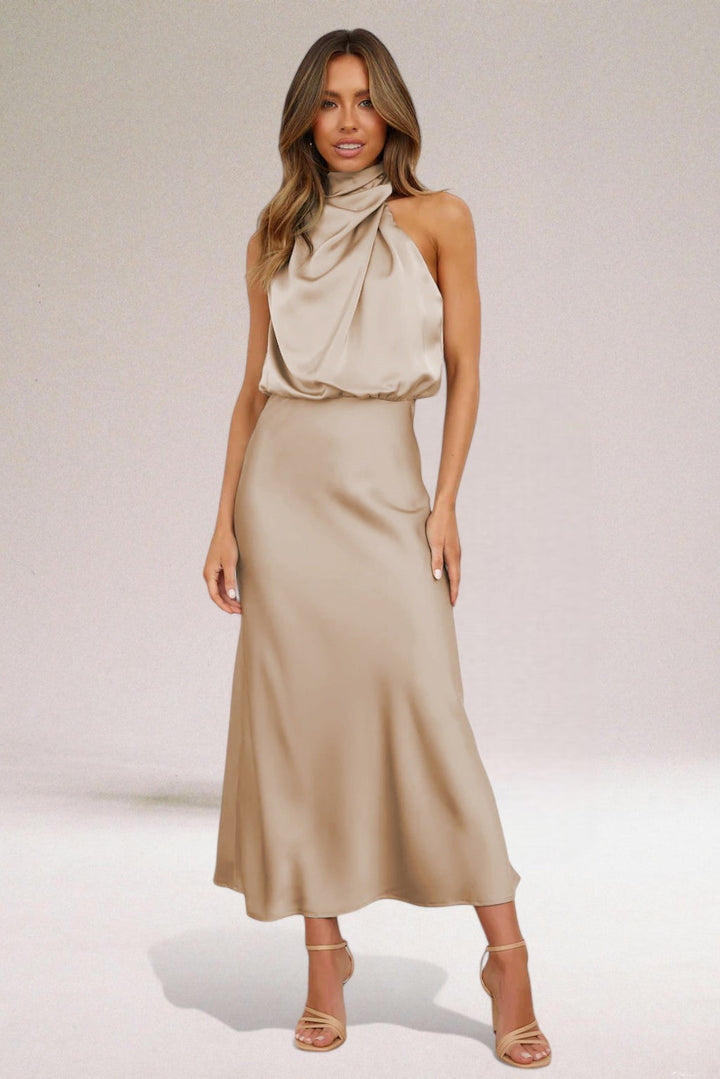 Robe Longue Drapée à Col Montant Sans Manches