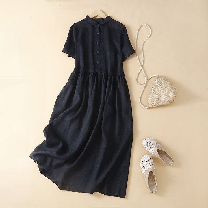 Robe Midi Boutonnée à Taille Froncée