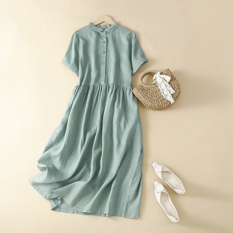 Robe Midi Boutonnée à Taille Froncée