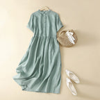 Robe Midi Boutonnée à Taille Froncée