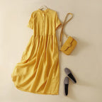 Robe Midi Boutonnée à Taille Froncée