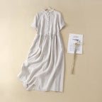 Robe Midi Boutonnée à Taille Froncée
